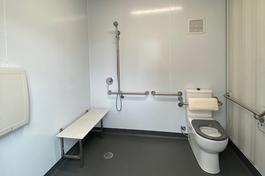 Shipping container modified with disabled access toilet / ablution facilities and shower from Container Traders