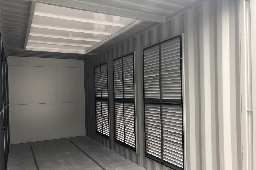 40ft shipping container switch room modification internal showing vents and cut outs from Container Traders