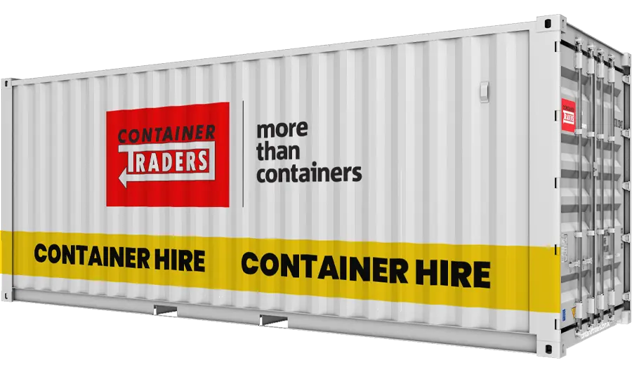 3D model of a branded 20ft Container Traders shipping container featuring a yellow strip with the text 'Container Hire'