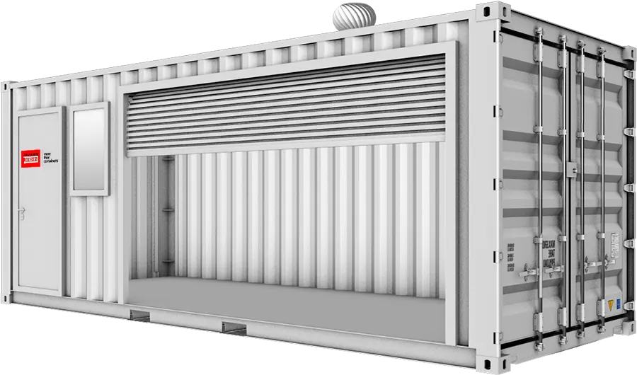 3D model of a branded 20ft Container Traders shipping container with an open roller door modification